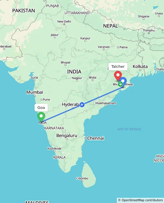 Route map showing distance and travel time from Goa, India to Talcher, India