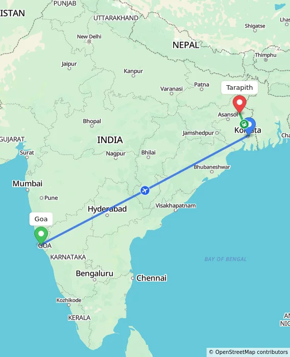 Route map showing distance and travel time from Goa, India to Tarapith, India