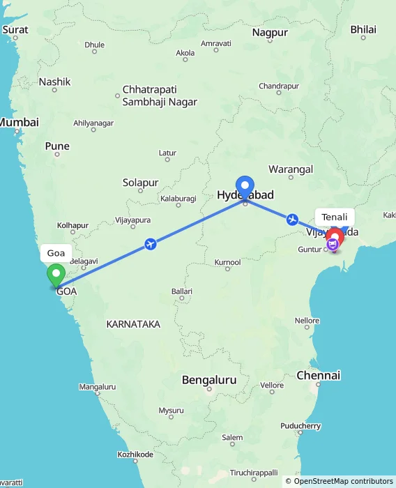 Route map showing distance and travel time from Goa, India to Tenali, India