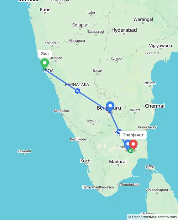 Route map showing distance and travel time from Goa, India to Thanjavur, India