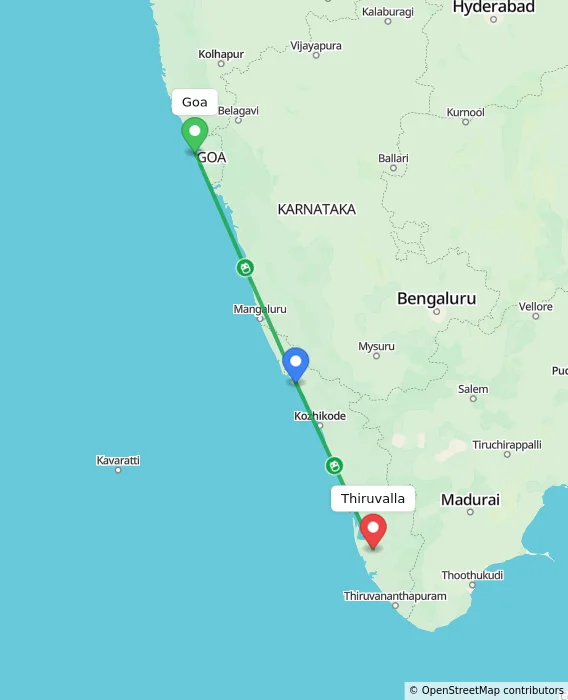Route map showing distance and travel time from Goa, India to Thiruvalla, India