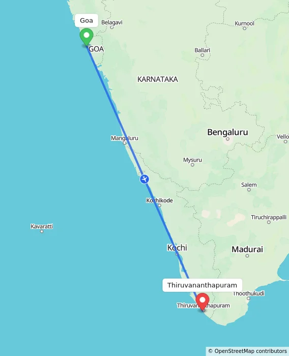 Route map showing distance and travel time from Goa, India to Thiruvananthapuram, India