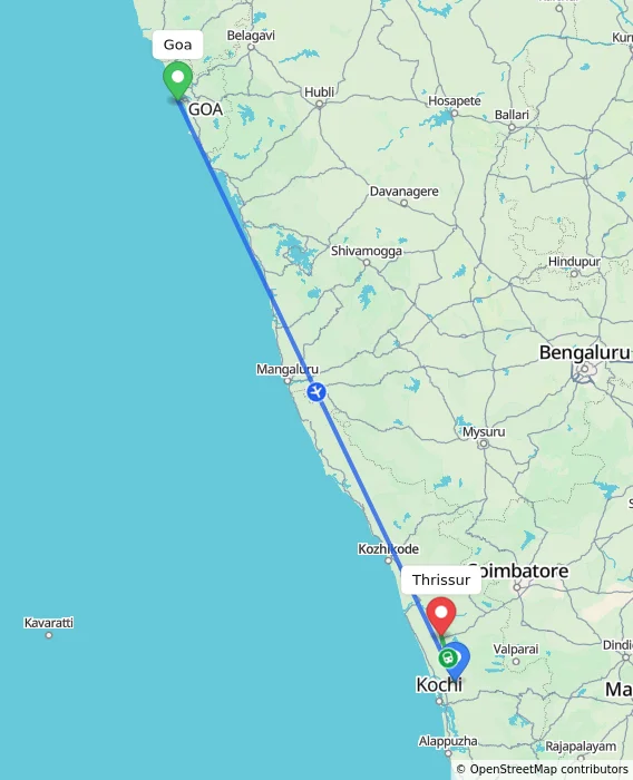 Route map showing distance and travel time from Goa, India to Thrissur, India