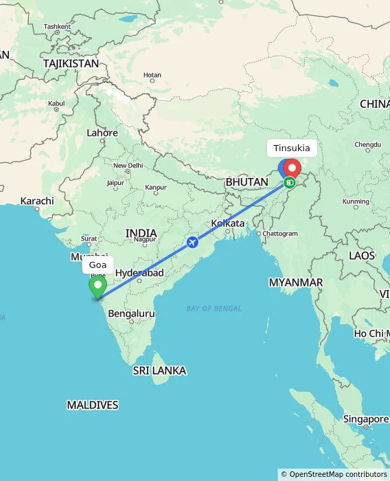 Route map showing distance and travel time from Goa, India to Tinsukia, India
