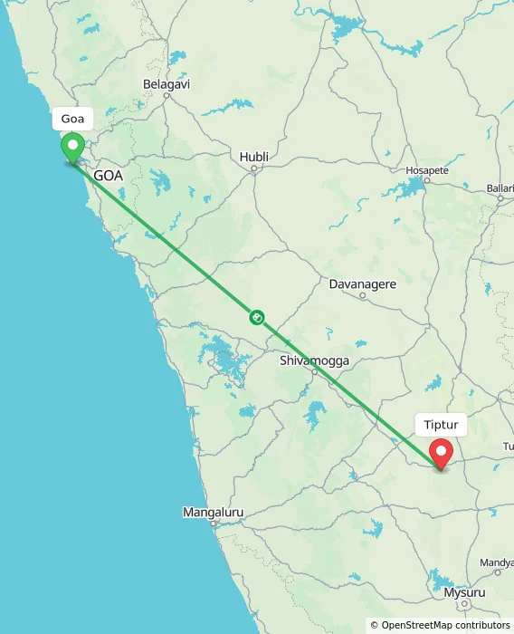 Route map showing distance and travel time from Goa, India to Tiptur, India