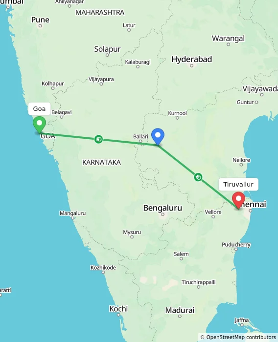 Route map showing distance and travel time from Goa, India to Tiruvallur, India