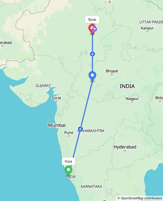 Route map showing distance and travel time from Goa, India to Tonk, India