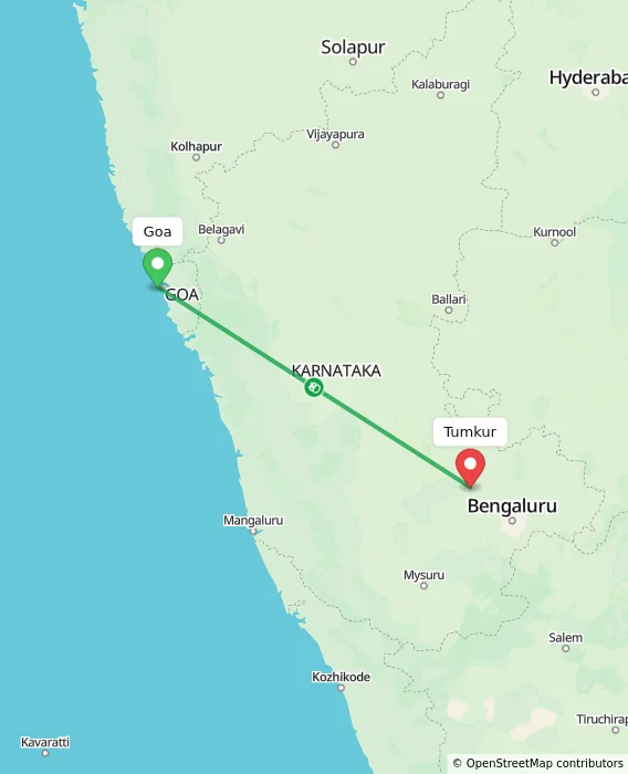 Route map showing distance and travel time from Goa, India to Tumkur, India