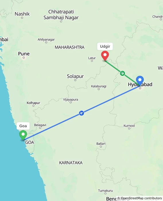 Route map showing distance and travel time from Goa, India to Udgir, India