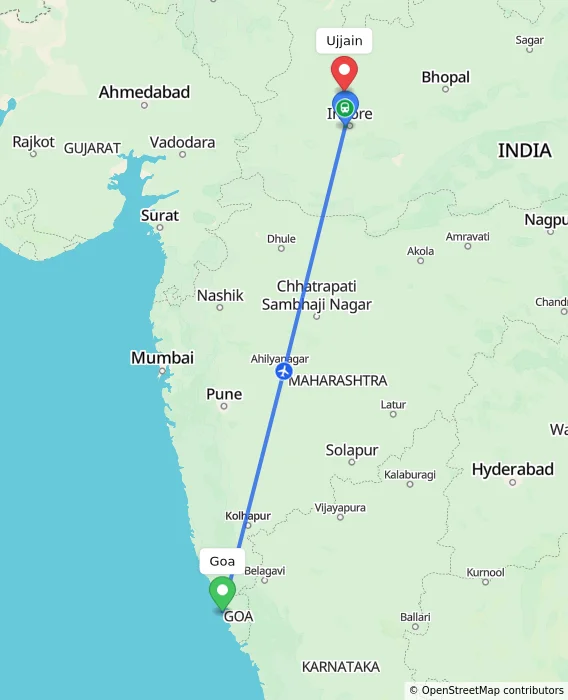 Route map showing distance and travel time from Goa, India to Ujjain, India