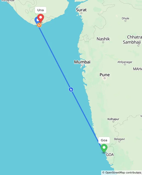 Route map showing distance and travel time from Goa, India to Una, India