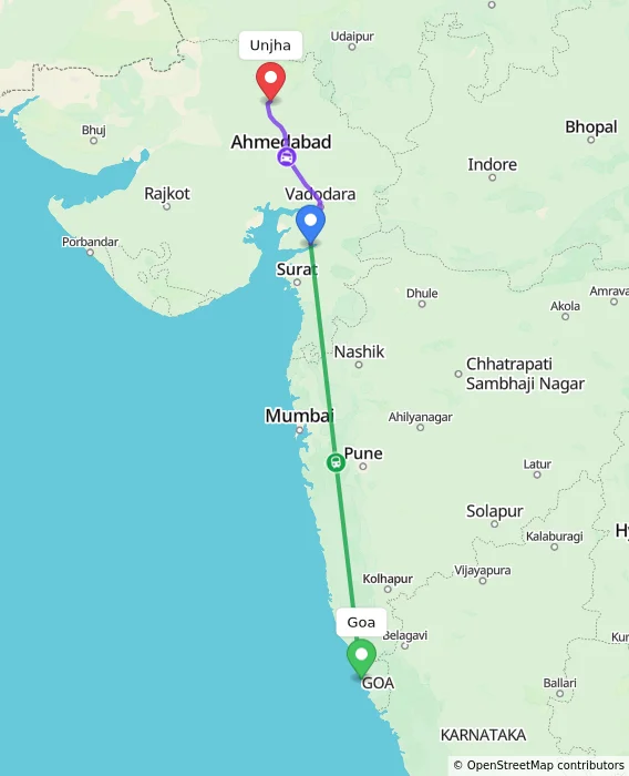 Route map showing distance and travel time from Goa, India to Unjha, India