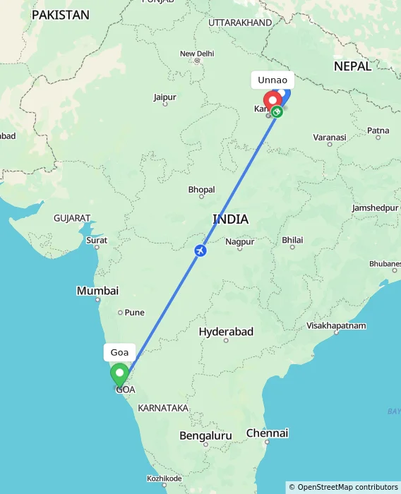 Route map showing distance and travel time from Goa, India to Unnao, India