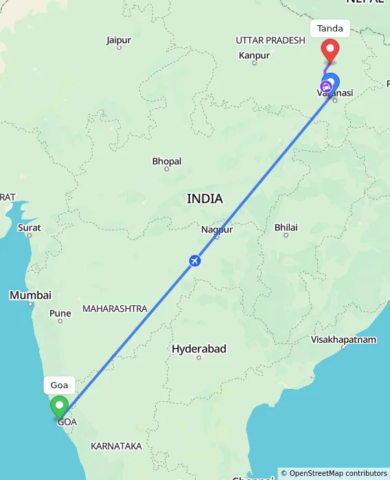 Route map showing distance and travel time from Goa, India to Tanda, India