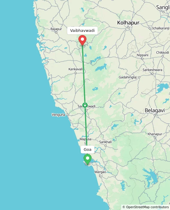 Route map showing distance and travel time from Goa, India to Vaibhavwadi, India