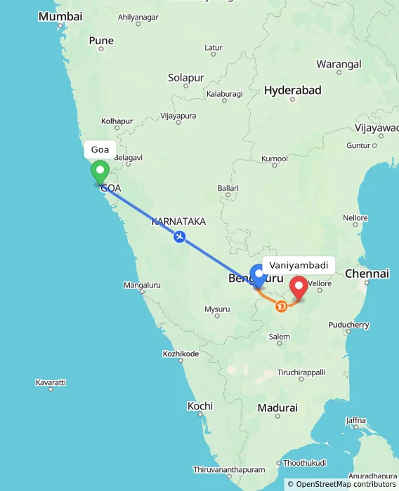 Route map showing distance and travel time from Goa, India to Vaniyambadi, India