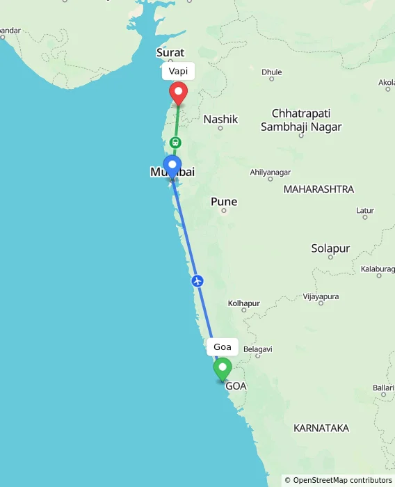Route map showing distance and travel time from Goa, India to Vapi, India