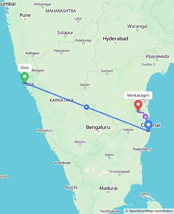 Route map showing distance and travel time from Goa, India to Venkatagiri, India