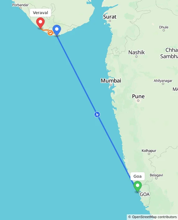 Route map showing distance and travel time from Goa, India to Veraval, India