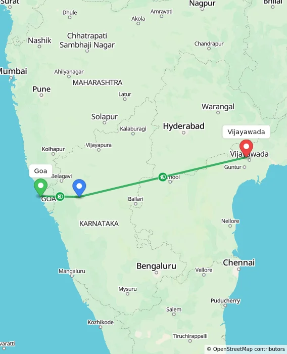 Route map showing distance and travel time from Goa, India to Vijayawada, India