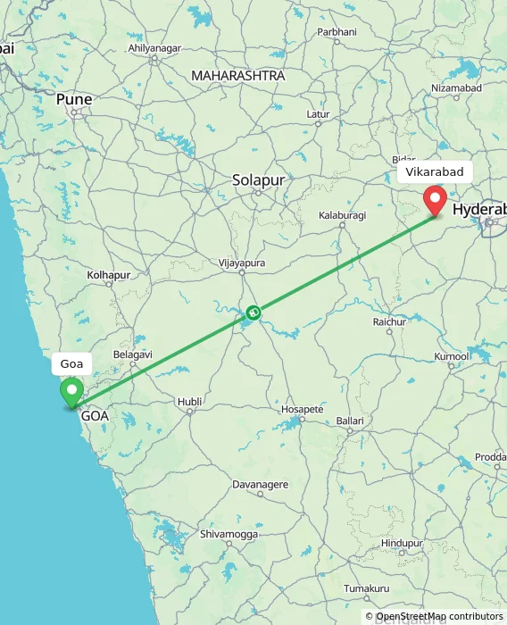 Route map showing distance and travel time from Goa, India to Vikarabad, India