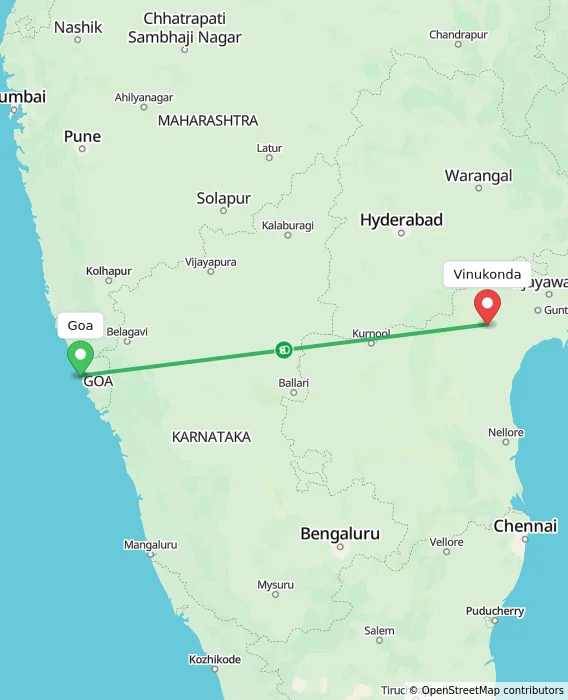 Route map showing distance and travel time from Goa, India to Vinukonda, India