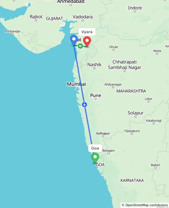 Route map showing distance and travel time from Goa, India to Vyara, India