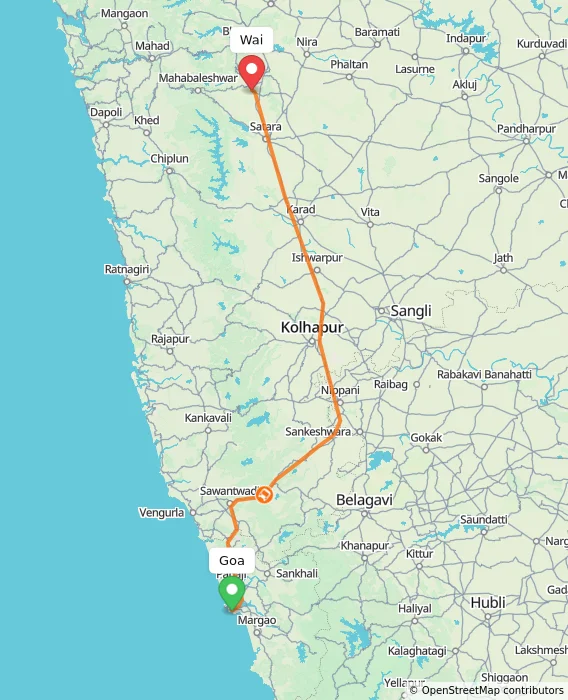Route map showing distance and travel time from Goa, India to Wai, India