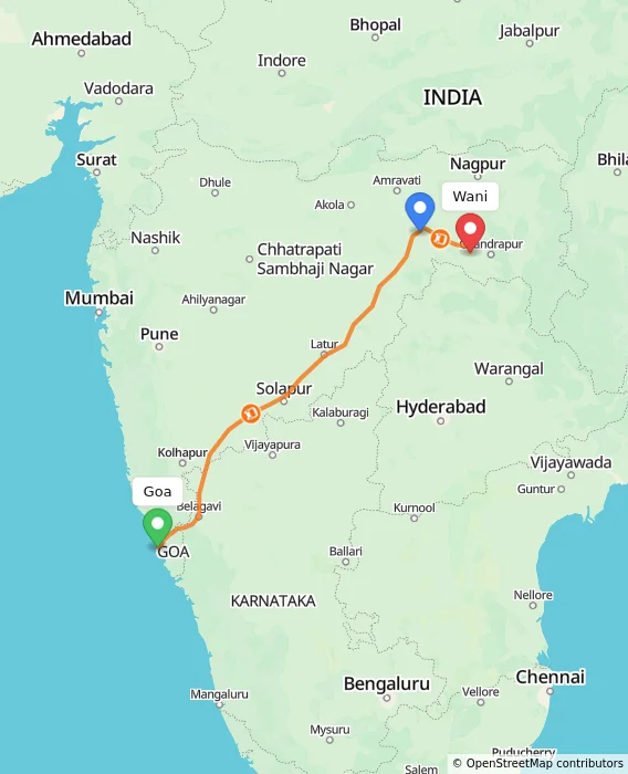 Route map showing distance and travel time from Goa, India to Wani, India