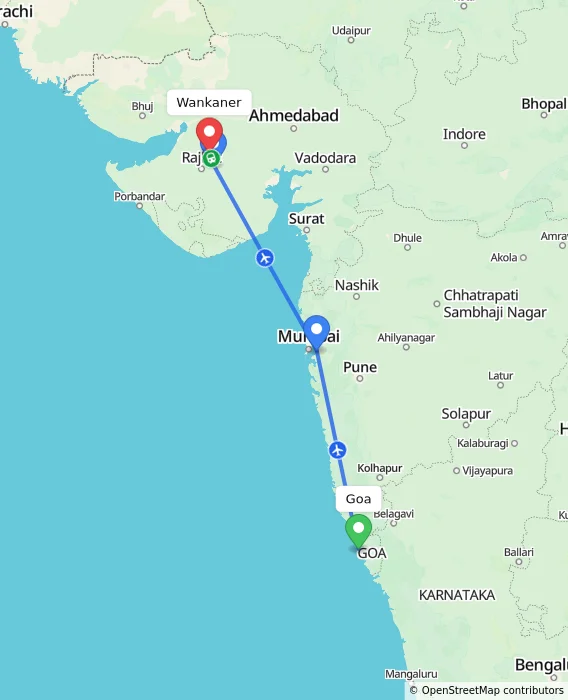 Route map showing distance and travel time from Goa, India to Wankaner, India