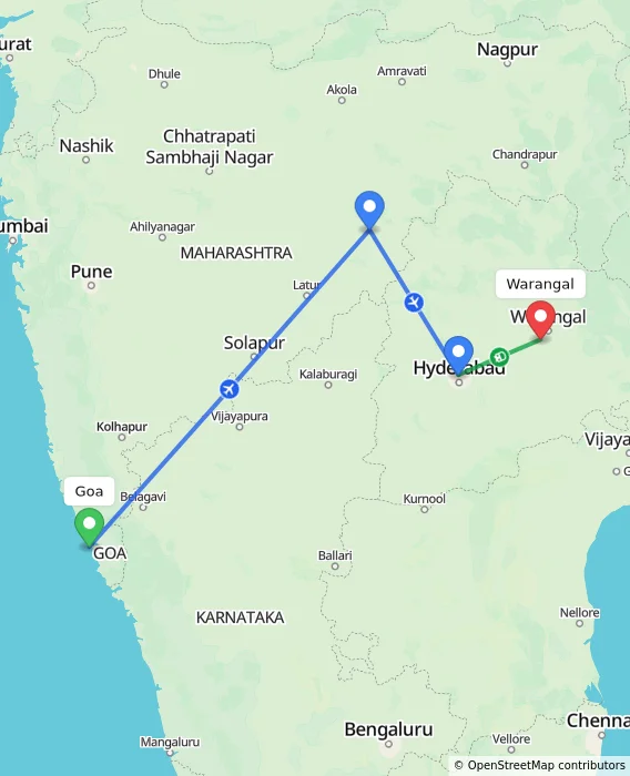 Route map showing distance and travel time from Goa, India to Warangal, India