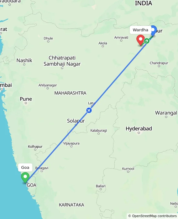 Route map showing distance and travel time from Goa, India to Wardha, India