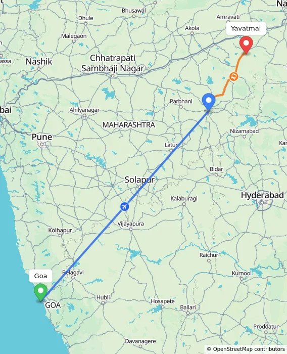 Route map showing distance and travel time from Goa, India to Yavatmal, India
