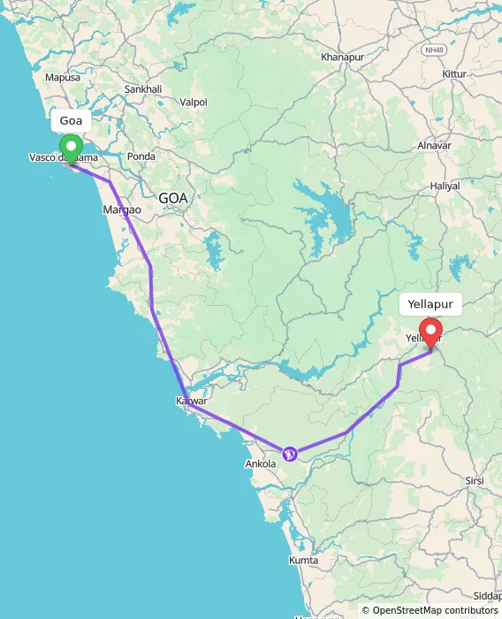 Route map showing distance and travel time from Goa, India to Yellapur, India