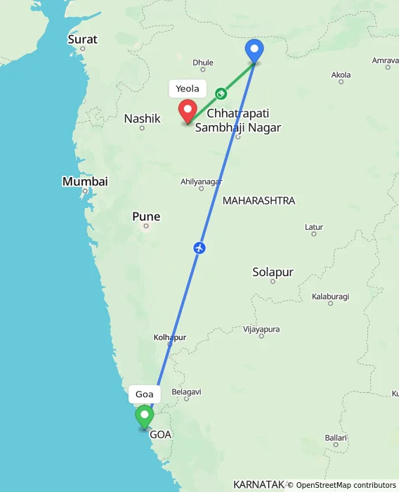 Route map showing distance and travel time from Goa, India to Yeola, India