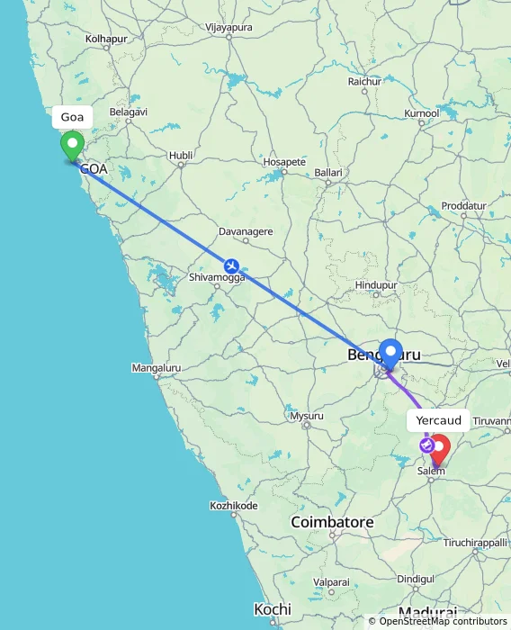 Route map showing distance and travel time from Goa, India to Yercaud, India