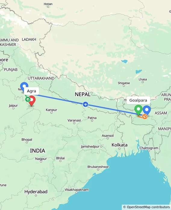 Route map showing distance and travel time from Goalpara, India to Agra, India
