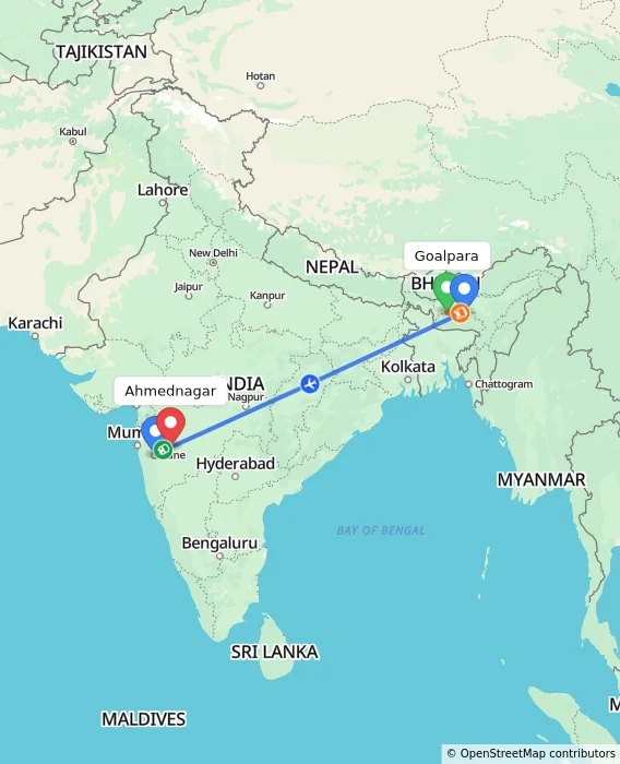 Route map showing distance and travel time from Goalpara, India to Ahmednagar, India