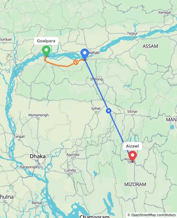 Route map showing distance and travel time from Goalpara, India to Aizawl, India