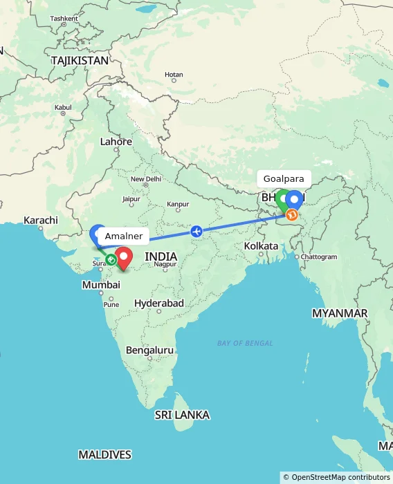 Route map showing distance and travel time from Goalpara, India to Amalner, India