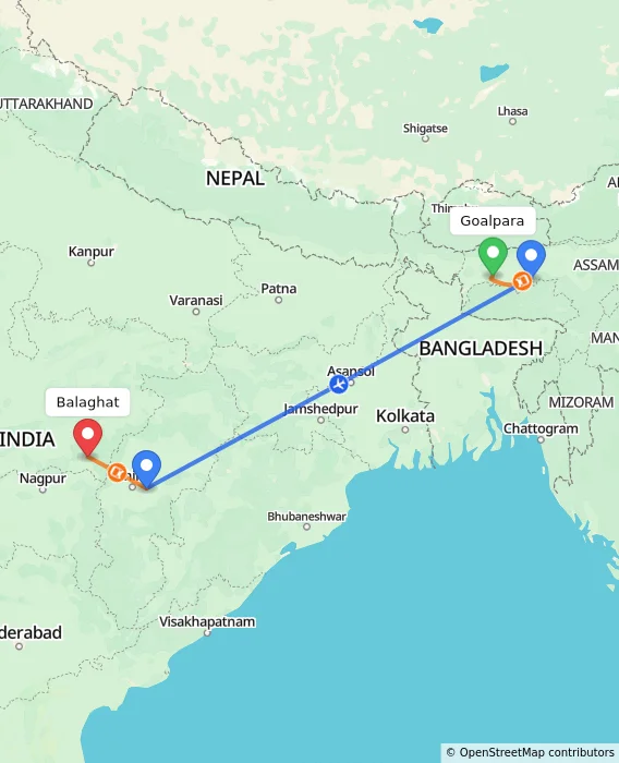 Route map showing distance and travel time from Goalpara, India to Balaghat, India