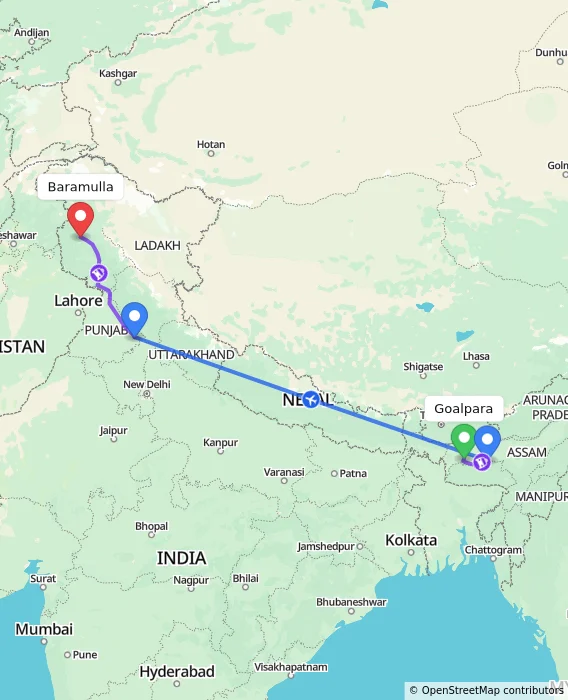 Route map showing distance and travel time from Goalpara, India to Baramulla, India