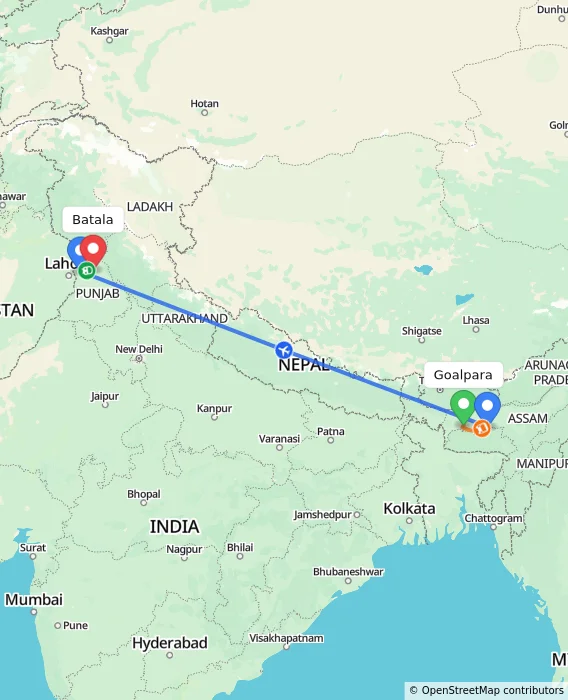 Route map showing distance and travel time from Goalpara, India to Batala, India