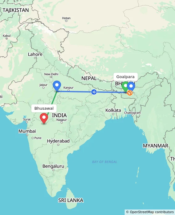 Route map showing distance and travel time from Goalpara, India to Bhusawal, India