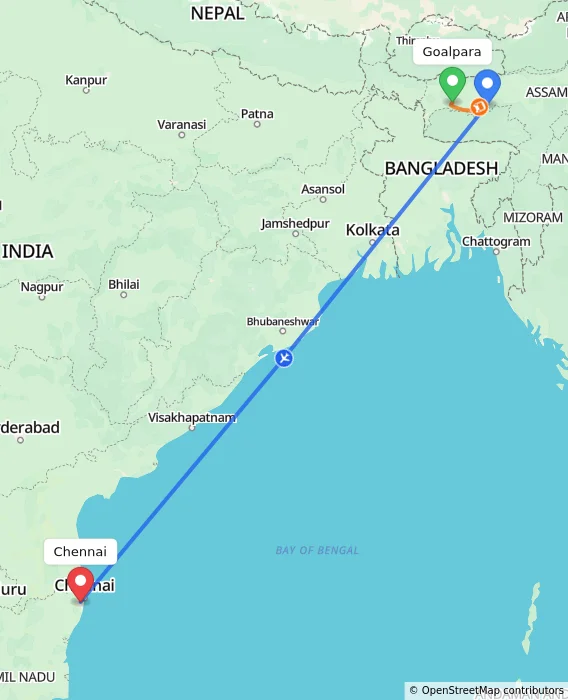 Route map showing distance and travel time from Goalpara, India to Chennai, India
