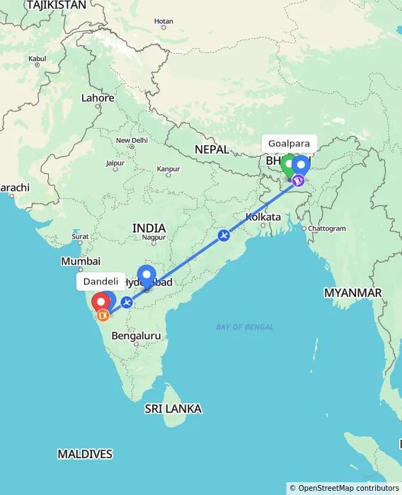 Route map showing distance and travel time from Goalpara, India to Dandeli, India