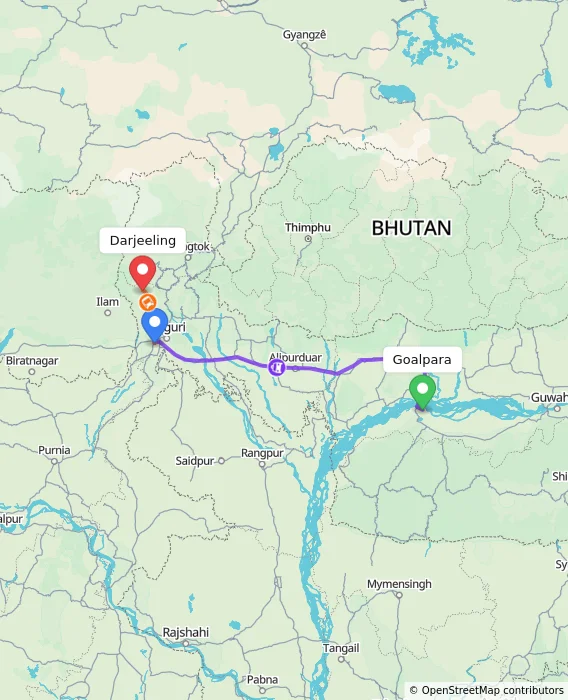 Route map showing distance and travel time from Goalpara, India to Darjeeling, India