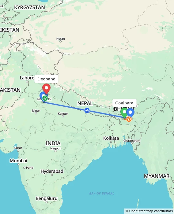 Route map showing distance and travel time from Goalpara, India to Deoband, India