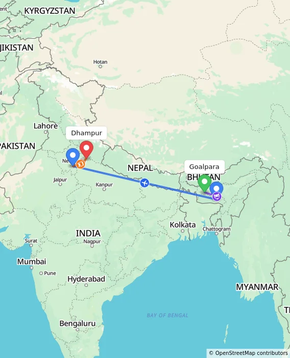 Route map showing distance and travel time from Goalpara, India to Dhampur, India