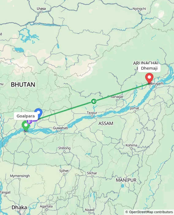 Route map showing distance and travel time from Goalpara, India to Dhemaji, India